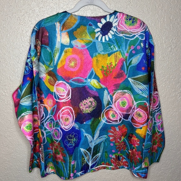 Blue Pink Art To Wear Vibrant Floral Cardigan Sweater Women's Size Large - Picture 4 of 12
